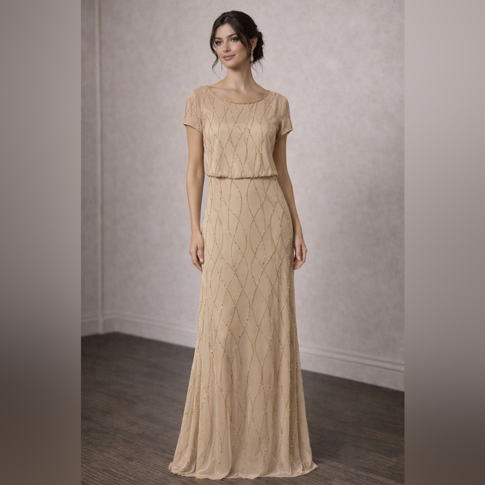 Adrianna Papell NWT SZ 6 Champagne Gold Bead Evening Gown Short Sleeve Art Deco